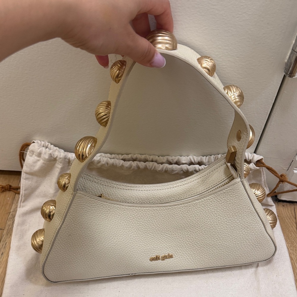 cult gaia Cream Leather Shoulder Bag with Gold Shell Studs